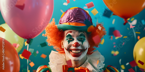 Wallpaper Mural Joyful Clown Surrounded by Balloons and Confetti for a Lively April Fool's Day Celebration, Spreading Cheer Torontodigital.ca
