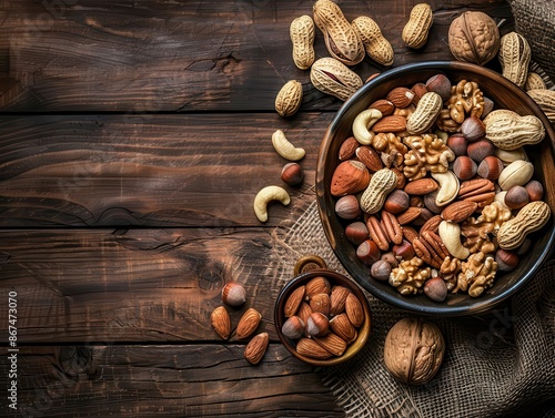 artfully arranged bowl of diverse nuts on rustic wooden table showcasing variety of textures and warm earthy tones emphasizing natural wholesome eating