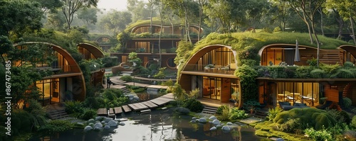 A self-sustainable community living in harmony with nature, using renewable energy sources and practicing eco-friendly lifestyles. photo