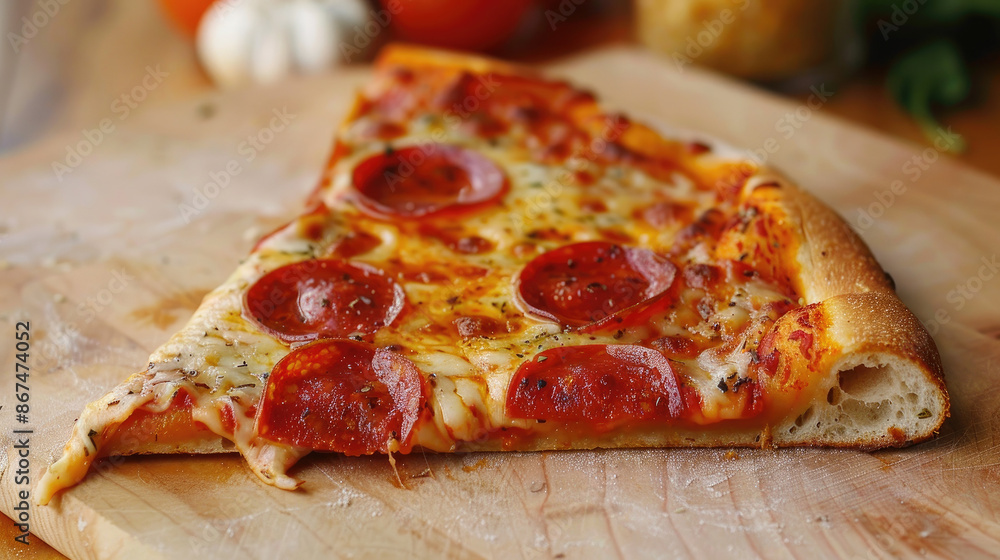 A slice of pepperoni pizza rests on a wooden board, steam rising slightly. The cheese is melted perfectly, and the crust looks golden and airy. A slice of pepperoni pizza rests on a wooden board, steam rising slightly. The cheese is melted perfectly, and the crust looks golden and airy.