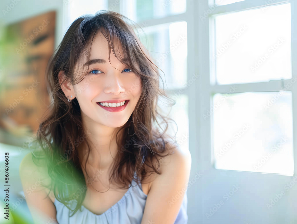 リビングルームで笑顔のビューティー リビングルームで笑顔のビューティー