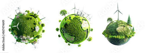 Green energy planet with wind turbines and solar panels eco illustration transparent background