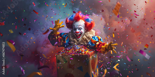 Wallpaper Mural Joyful Clown Popping Out of Box with Colorful Confetti for a Fun-Filled April Fool's Day Celebration Torontodigital.ca