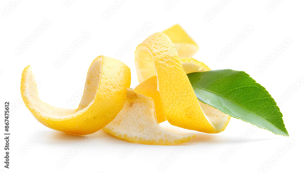 Lemon peel with leaf isolated on white background without a shadow. Healthy food