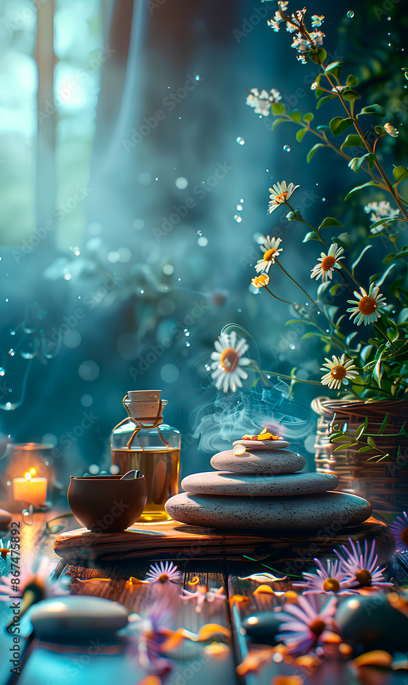 A peaceful spa scene with essential oils, stones, and flowers, perfect for relaxation and tranquility A peaceful spa scene with essential oils, stones, and flowers, perfect for relaxation and tranquility