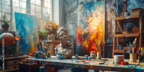 Vibrant Art Studio with Sculpture and Colorful Abstract Paintings on Canvas photo