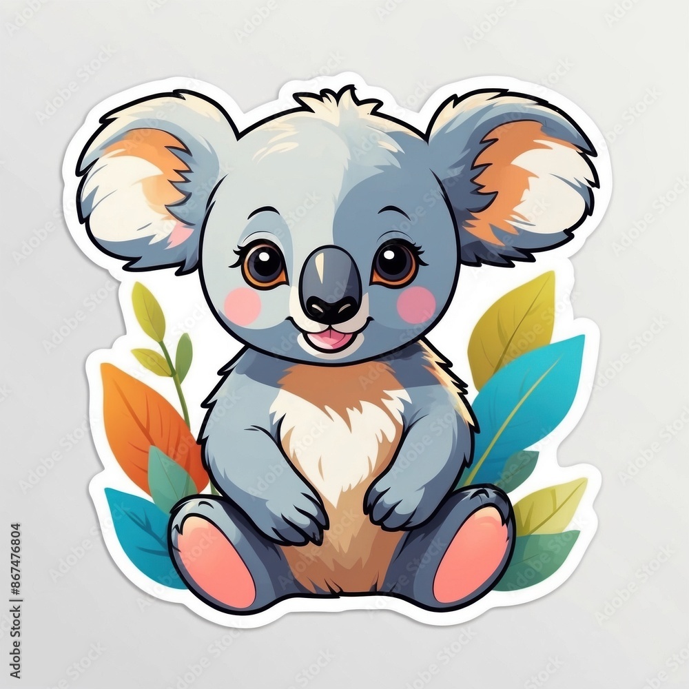 Sticker of a cute baby koala bear on eucalyptus leaves. 3D cartoon style, isolated on a simple background. Sticker of a cute baby koala bear on eucalyptus leaves. 3D cartoon style, isolated on a simple background.