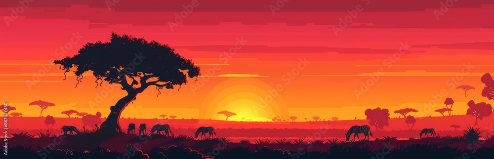African Sunset Silhouette. Elephants graze beneath a fiery sky African Sunset Silhouette. Elephants graze beneath a fiery sky