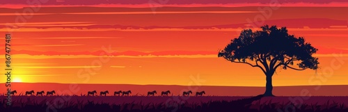 African Sunset Silhouette. Herd of zebras grazing with acacia tree in savanna at sunset. Concept of safari, wildlife, nature, and travel