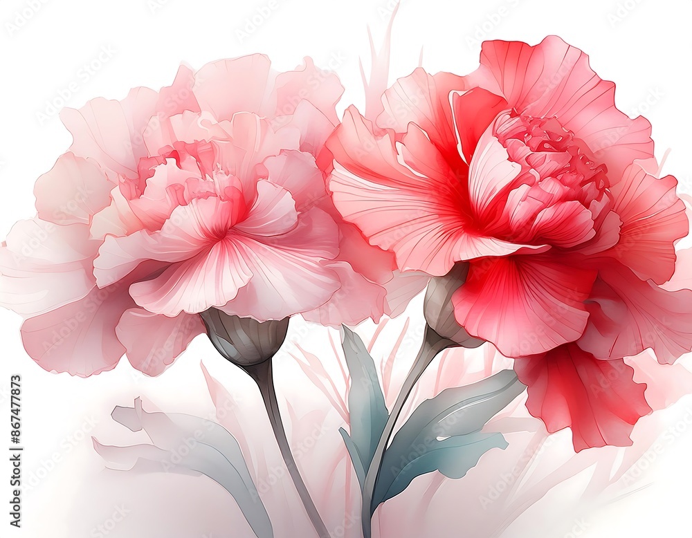 Fototapeta premium Delicate beauty. pink and red carnations with translucent petals isolated on white background