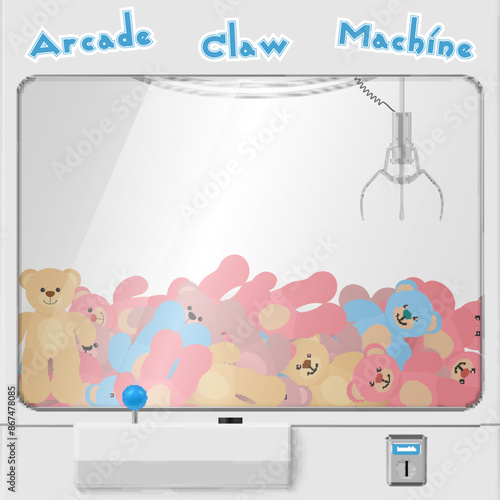 Arcade grab claw slot machine with bear toys realistic vector illustration