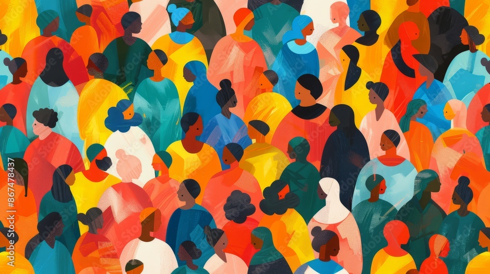 Vibrant multi-ethnic community seamless pattern: colorful diverse people crowd abstract art illustration reflecting cultural diversity in modern collage painting style
Vibrant multi-ethnic community seamless pattern: colorful diverse people crowd abstract art illustration reflecting cultural diversity in modern collage painting style