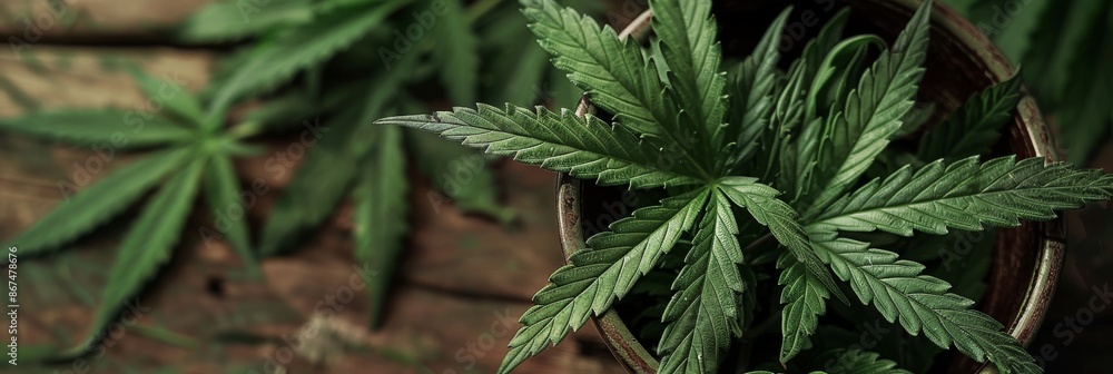 A close-up view of cannabis leaves in a bowl A close-up view of cannabis leaves in a bowl