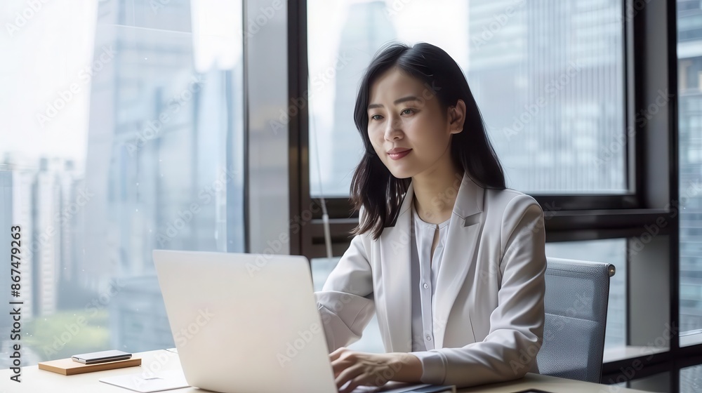 confident asian businesswoman in her 30s working on laptop in modern office cityscape visible through large windows professional attire confident asian businesswoman in her 30s working on laptop in modern office cityscape visible through large windows professional attire