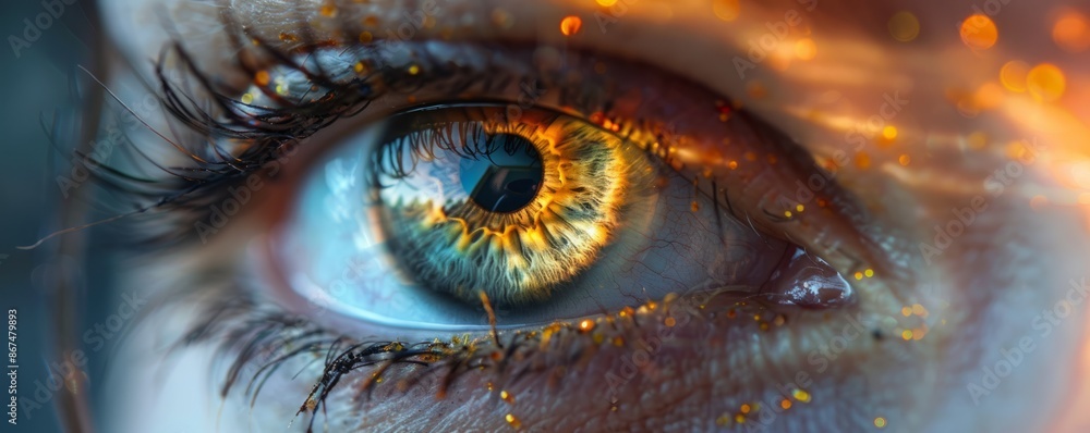 A close-up of a person's eye, the iris reflecting the world around them. A close-up of a person's eye, the iris reflecting the world around them.