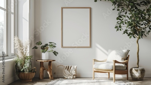 Poster frame mock-up in home interior background with commode, chair and decor in living room