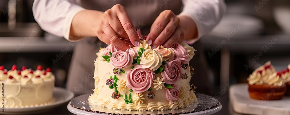 A baker decorating a birthday cake with intricate frosting designs and edible flowers, adding a personal touch to the celebration. A baker decorating a birthday cake with intricate frosting designs and edible flowers, adding a personal touch to the celebration.