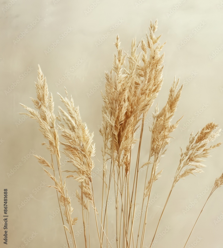 Fine Art Photograph of Beige Grass-Like Fibers in a Clear Vase against a Neutral Background, Perfect for Interior Design and Decorating Advertisements Fine Art Photograph of Beige Grass-Like Fibers in a Clear Vase against a Neutral Background, Perfect for Interior Design and Decorating Advertisements