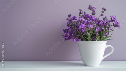 Wallpaper Mural Violet statice flower bouquet in a coffee cup on a white table with empty space for text or image Torontodigital.ca