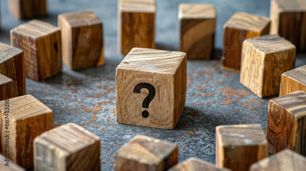 A wooden cube block with a question mark rests on a cement table surrounded by a column of wooden blocks There. Generative AI A wooden cube block with a question mark rests on a cement table surrounded by a column of wooden blocks There. Generative AI