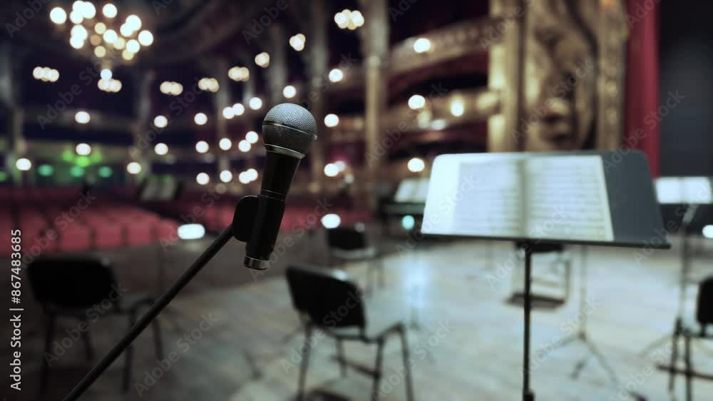 A microphone stands tall in front of a blurred sheet of music, creating a scene of musical performance. A microphone stands tall in front of a blurred sheet of music, creating a scene of musical performance.