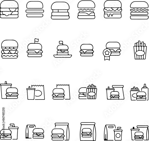 Pixel perfect icon set of burgers hamburger cheeseburger fast food french fries coke cola drink. Thin line icons, flat vector illustrations, isolated on transparent background