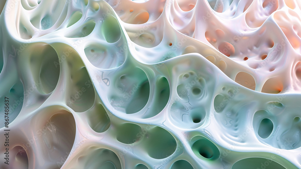 Abstract 3D shape with bio-organic forms in light pink and green, illuminated by soft plasma light Abstract 3D shape with bio-organic forms in light pink and green, illuminated by soft plasma light