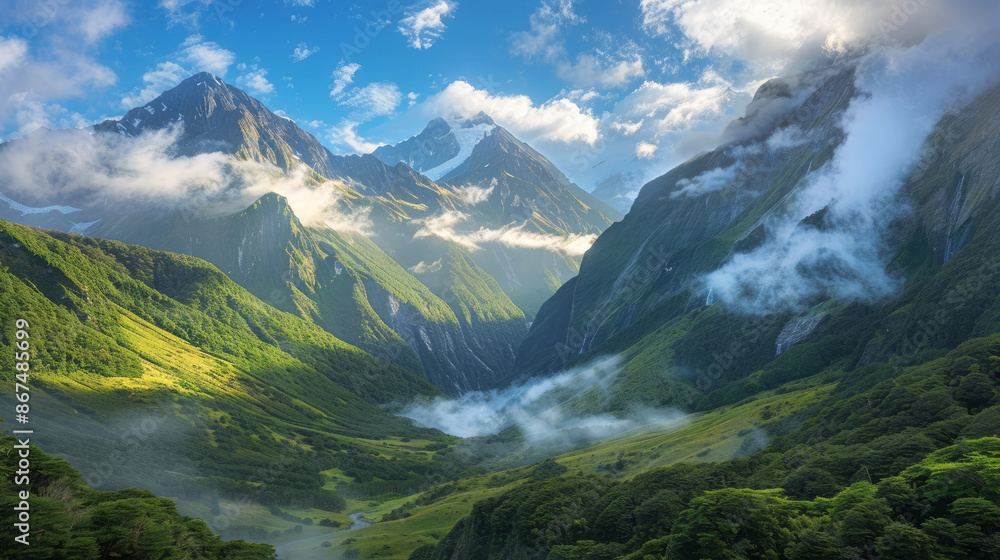Obraz premium Nature's canvas boasts lush valleys and golden sands, where towering mountains reach for the heavens and clouds dance gracefully above.