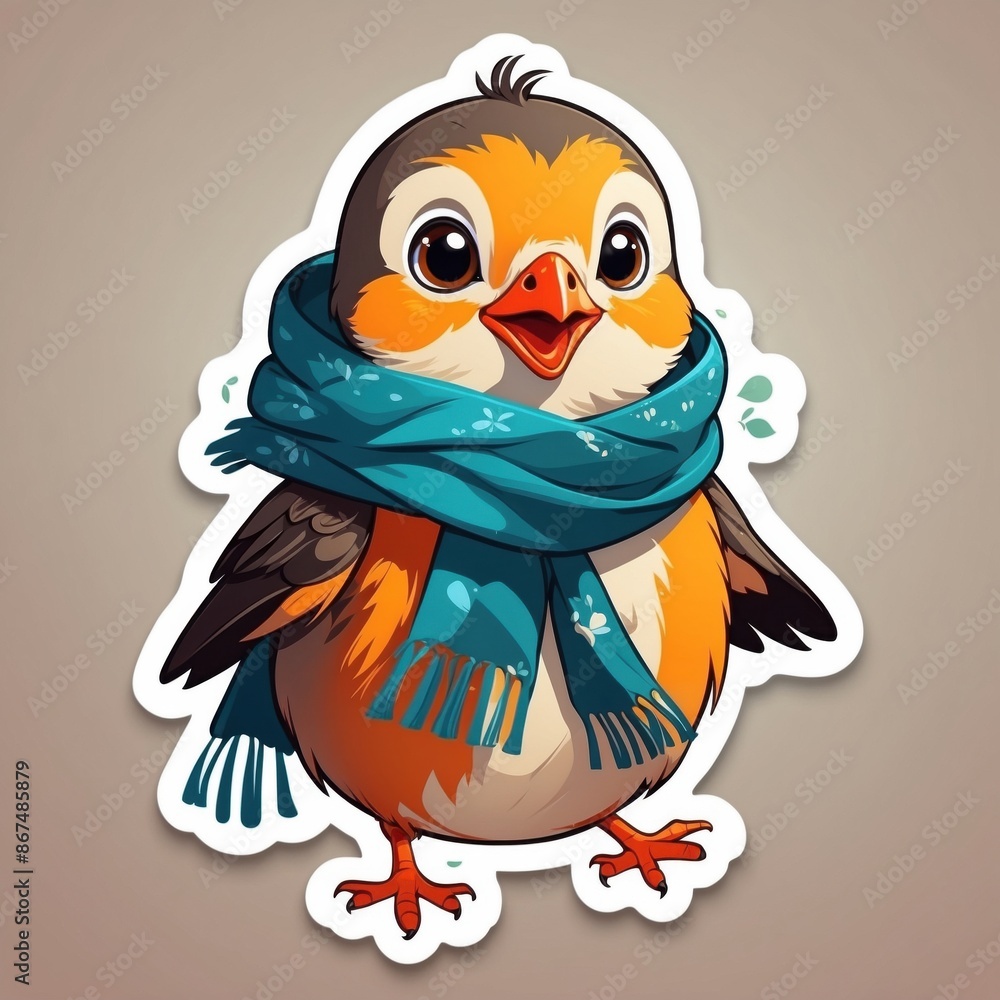 Obraz premium Sticker of a lovely baby bird wearing blue scarf. 3D cartoon style, isolated on a simple background.