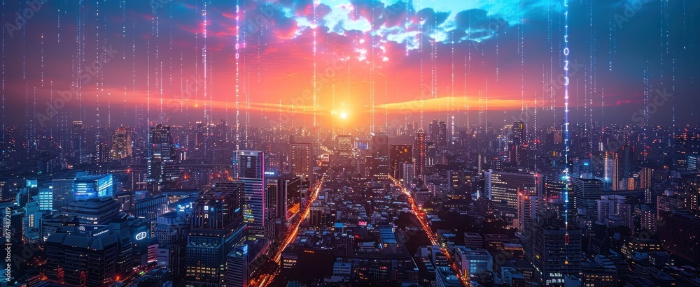 Cityscape with Binary Code Rain and Sunset Cityscape with Binary Code Rain and Sunset