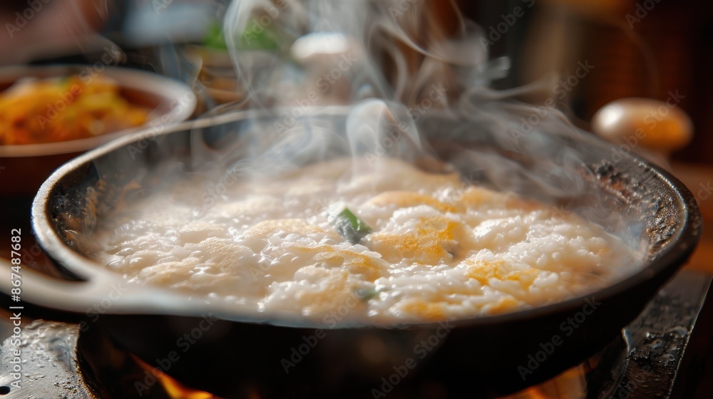 'Kanom Krok,' Thai coconut rice pancake, sizzling in a cast-iron pan with steam rising, capturing the texture and aroma 'Kanom Krok,' Thai coconut rice pancake, sizzling in a cast-iron pan with steam rising, capturing the texture and aroma