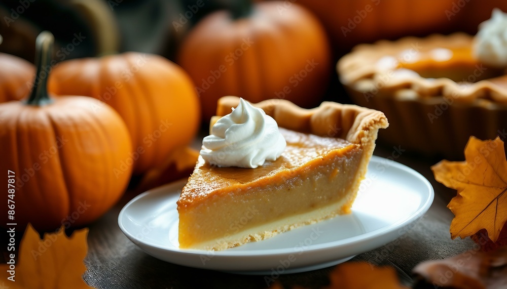 A tempting slice of pie, adorned with whipped cream, rests on a plate amid vibrant pumpkins. Another slice adds depth to the scene, creating visual allure. A tempting slice of pie, adorned with whipped cream, rests on a plate amid vibrant pumpkins. Another slice adds depth to the scene, creating visual allure.
