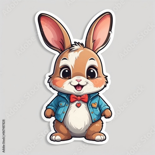 Sticker of a cute baby rabbit wearing jacket with a bowtie. 3D cartoon style, isolated on a simple background.