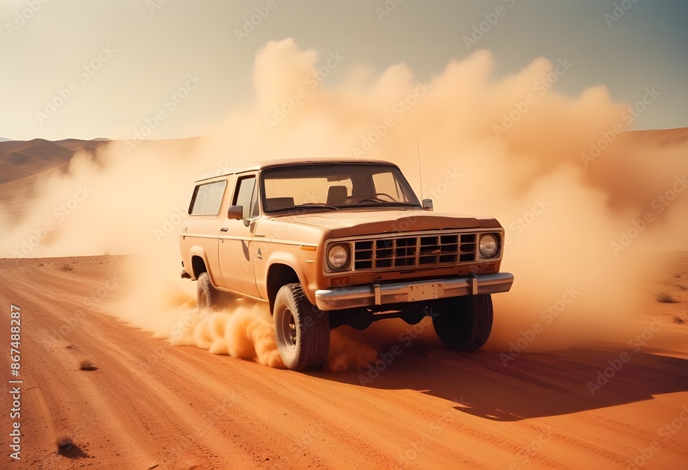 Orange offroad 4x4 vehicle running in a sand desert with dust, drifting, orange sky Orange offroad 4x4 vehicle running in a sand desert with dust, drifting, orange sky