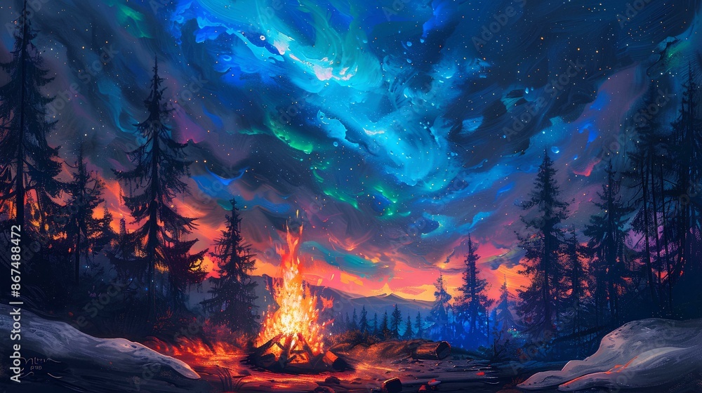 Fototapeta premium A cozy campfire with the vibrant colors of the northern lights in a starring night sky above a forest landscape