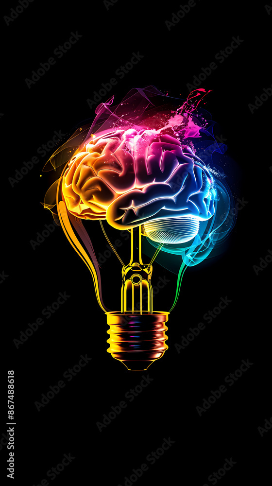 A glowing light bulb with a colorful brain inside A glowing light bulb with a colorful brain inside