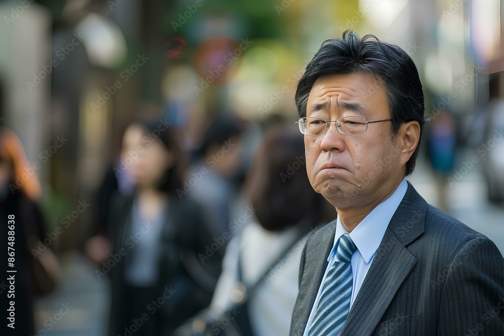 Japanese man in business attire is standing on the street, looking at his stomach with an expression of pain and holding it because he has heartburn or indigestion. Japanese man in business attire is standing on the street, looking at his stomach with an expression of pain and holding it because he has heartburn or indigestion.