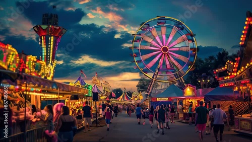 Slow motion video of a Lively Carnival Scene at Dusk with Colorful Lights and Rides