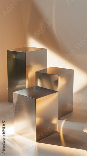 abstract composition featuring three metallic cubes of varying sizes arranged in a minimalist setting photo