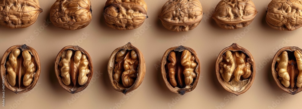Nutritious Nuts: A Collection of Open Walnuts, Each Revealing Its Delicious Core Nutritious Nuts: A Collection of Open Walnuts, Each Revealing Its Delicious Core