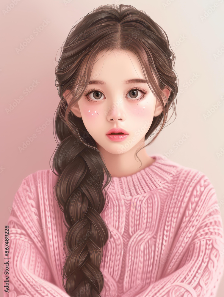 Adorable Korean girl with dimples, pink tones, resembling an animation yet capturing real essence. Adorable Korean girl with dimples, pink tones, resembling an animation yet capturing real essence.