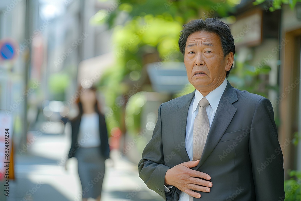 Japanese man in business attire is standing on the street, looking at his stomach with an expression of pain and holding it because he has heartburn or indigestion. Japanese man in business attire is standing on the street, looking at his stomach with an expression of pain and holding it because he has heartburn or indigestion.