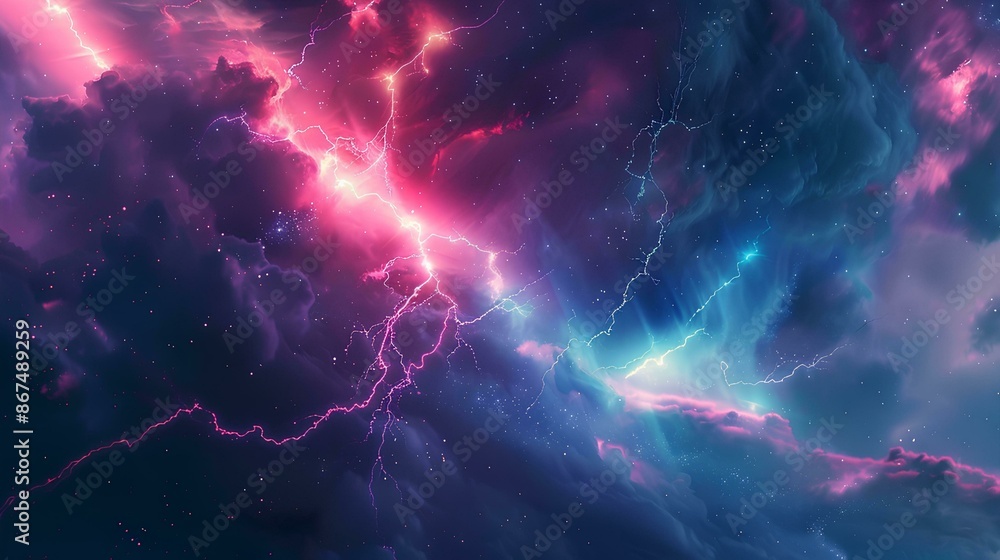lightning in the universe, with a pink and blue light background, stars, galaxies, and a dark sky blue and purple color scheme. lightning in the universe, with a pink and blue light background, stars, galaxies, and a dark sky blue and purple color scheme.