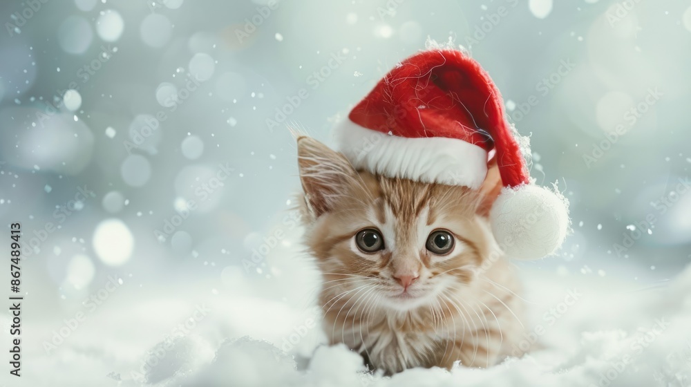 A cute kitten in a Santa Claus hat smiles playfully in a snowy winter scene, wishing Merry Christmas and Happy New Year with adorable festive spirit A cute kitten in a Santa Claus hat smiles playfully in a snowy winter scene, wishing Merry Christmas and Happy New Year with adorable festive spirit