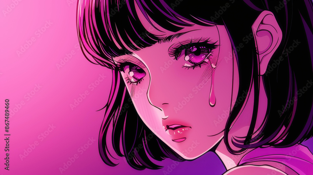 Stunning anime artwork of a shy and emotional girl in tears, set against a gradient color background. Stunning anime artwork of a shy and emotional girl in tears, set against a gradient color background.