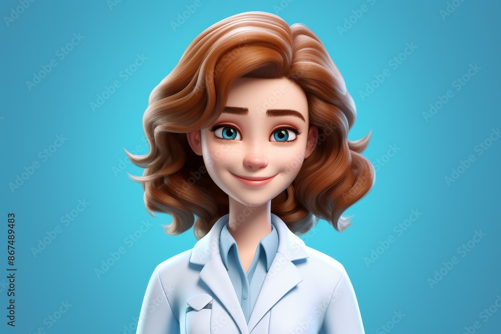 Charming cartoon character of a female doctor with a warm smile on a blue backdrop. Charming cartoon character of a female doctor with a warm smile on a blue backdrop.