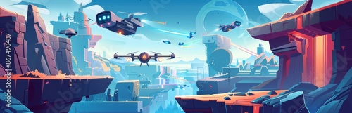 Futuristic alien landscape with spaceships flying over a vibrant, colorful planet. Concept of science fiction, fantasy, and space exploration