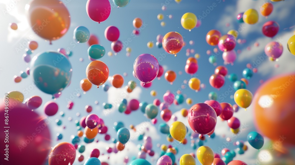 A Burst of Colorful Balloons Floating Against a Clear Blue Sky A Burst of Colorful Balloons Floating Against a Clear Blue Sky