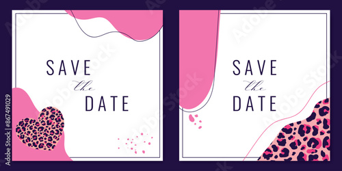Save the date card templates decorated with leopard print, lines and shapes. Vector illustration