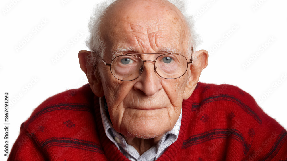 Elderly man with glasses and a serious expression wears a red, striped sweater against a white background, exuding wisdom and experience. Elderly man with glasses and a serious expression wears a red, striped sweater against a white background, exuding wisdom and experience.